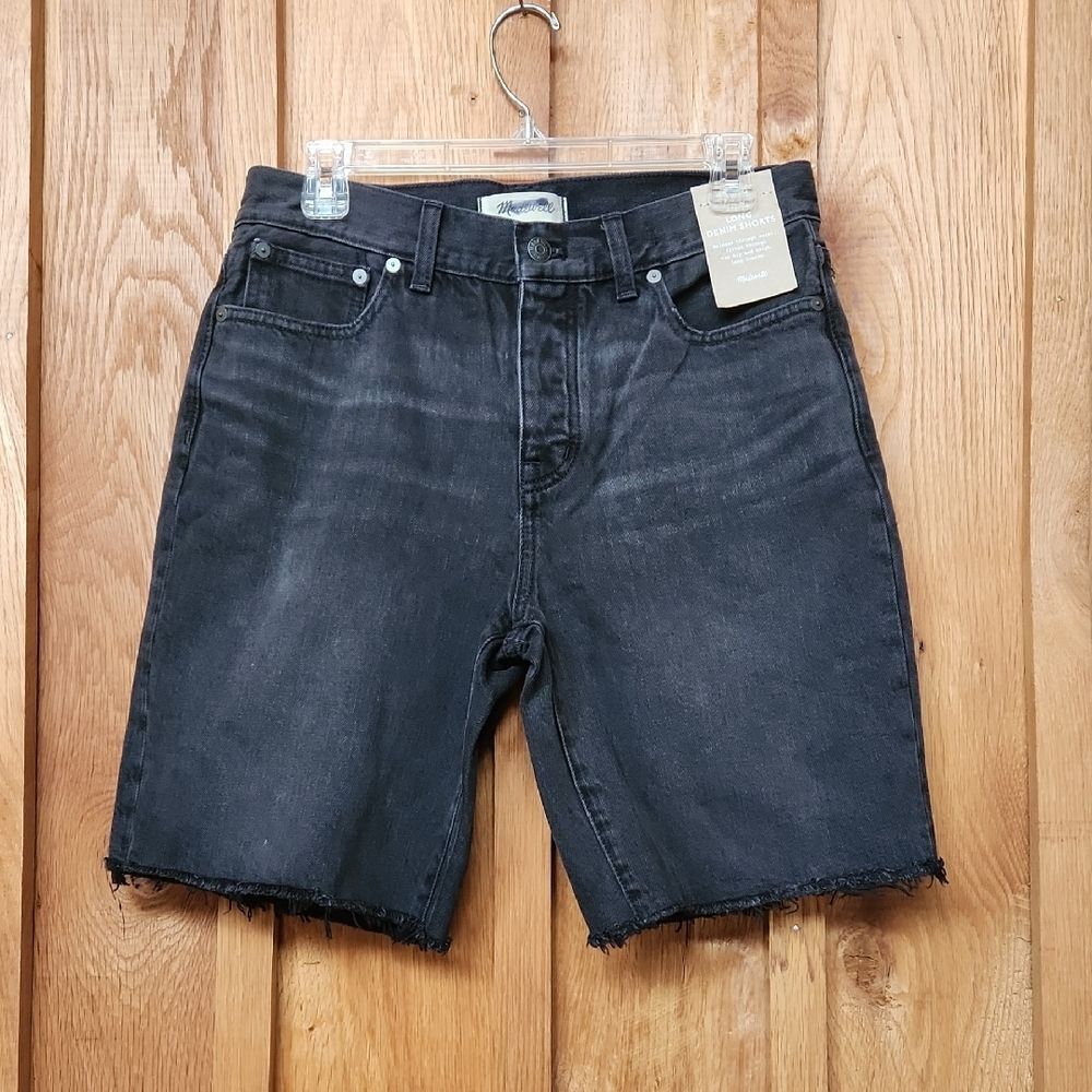 Madewell High Waist Bermuda Relaxed Fit Button Fly Shorts, Waist 30, Black Denim